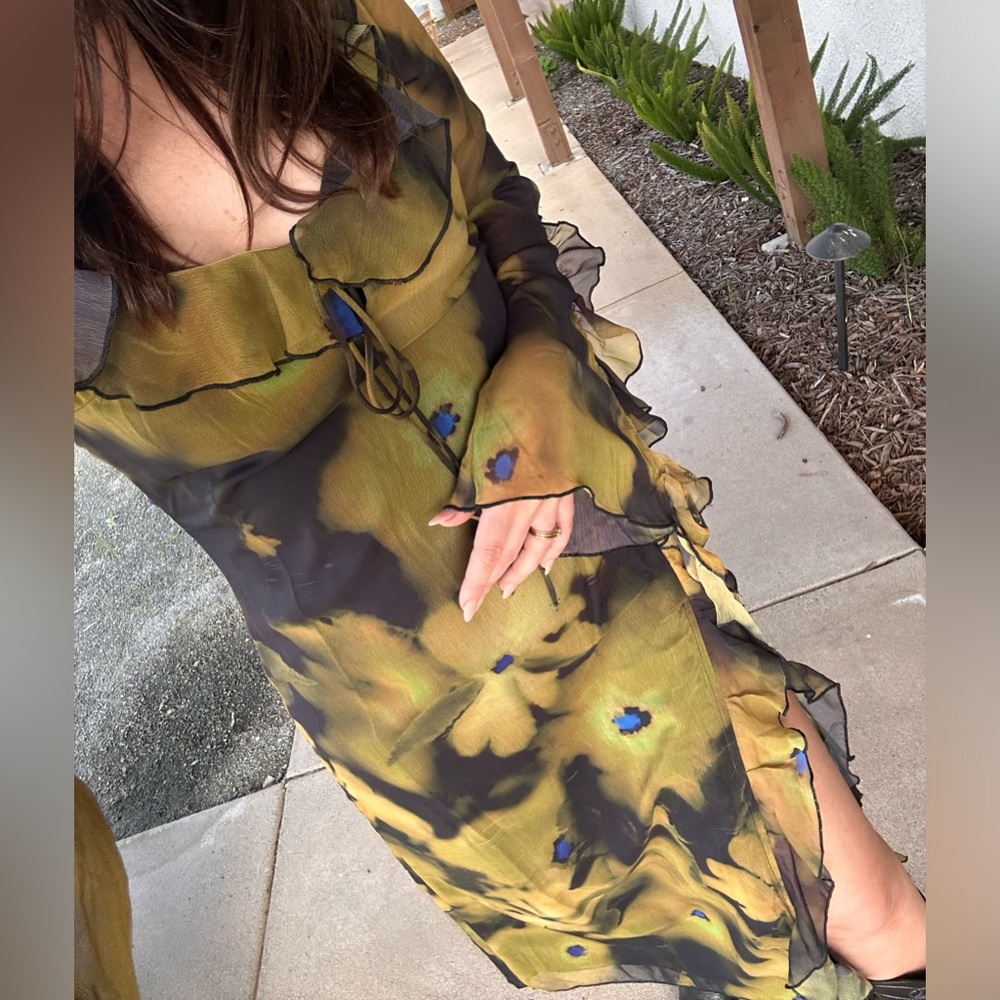 Slit green ruffle maxi dress